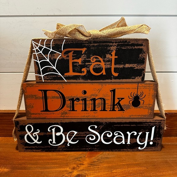 Eat Drink And Be Scary Heavy Wooden Halloween Free Standing Shelf Decor Seasonal - Picture 1 of 5